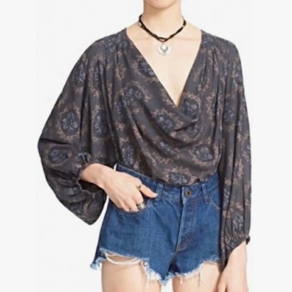 Free People Cowling Around Blouse Midnight Combo XS